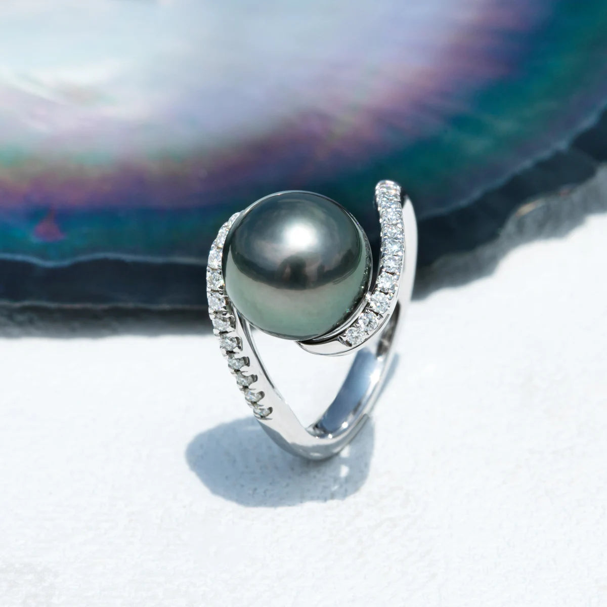12-13mm Natural Tahitian Black Pearl Moissanite Diamond Engagement rings