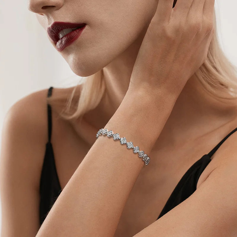 Moissanite Tennis Bracelet 2mm Diamond GRA Certified s925 Sterling Silver Four Leaf Clover D VVS1