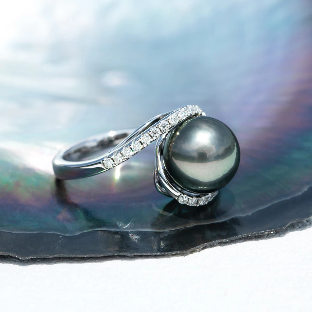 10-11mm Natural Tahitian Black Pearl 1.4mm Moissanite Diamond Engagement rings