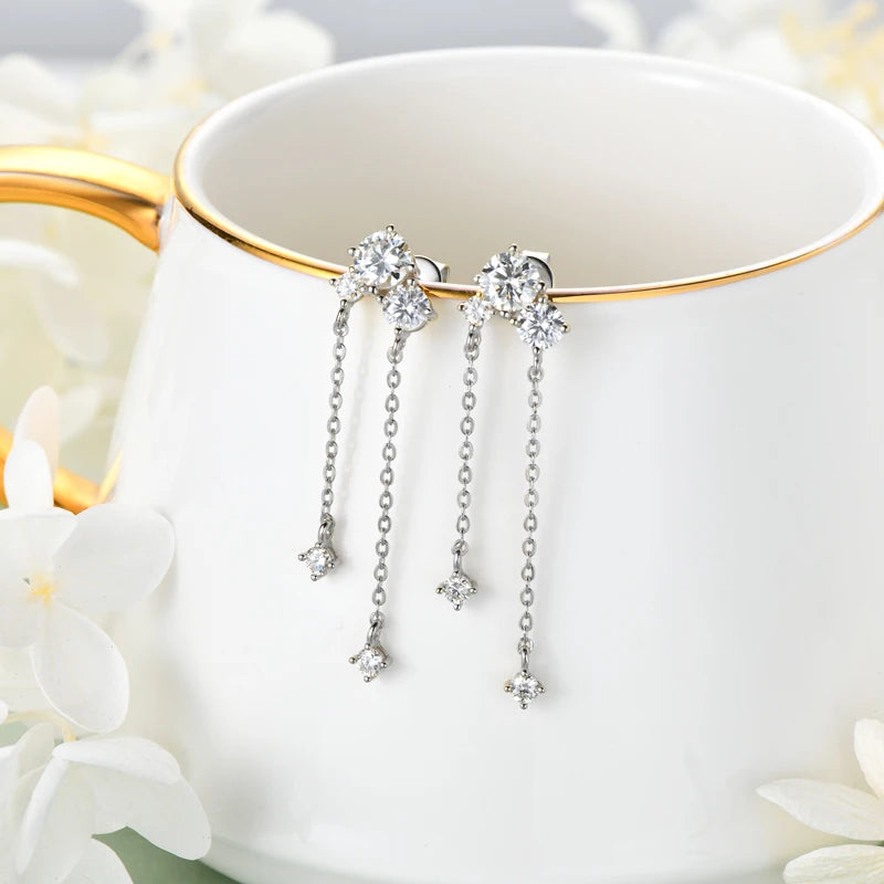 Moissanite Earrings 925 Certified Silver Tassel Chain Earring
