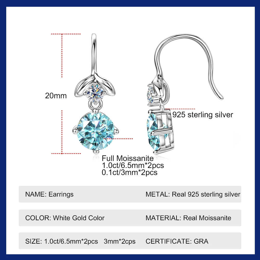 1ct Blue Moissanite Earrings For Women 100% S925 Sterling Silver Plated 18k White Gold Dangle Earring GRA Certified