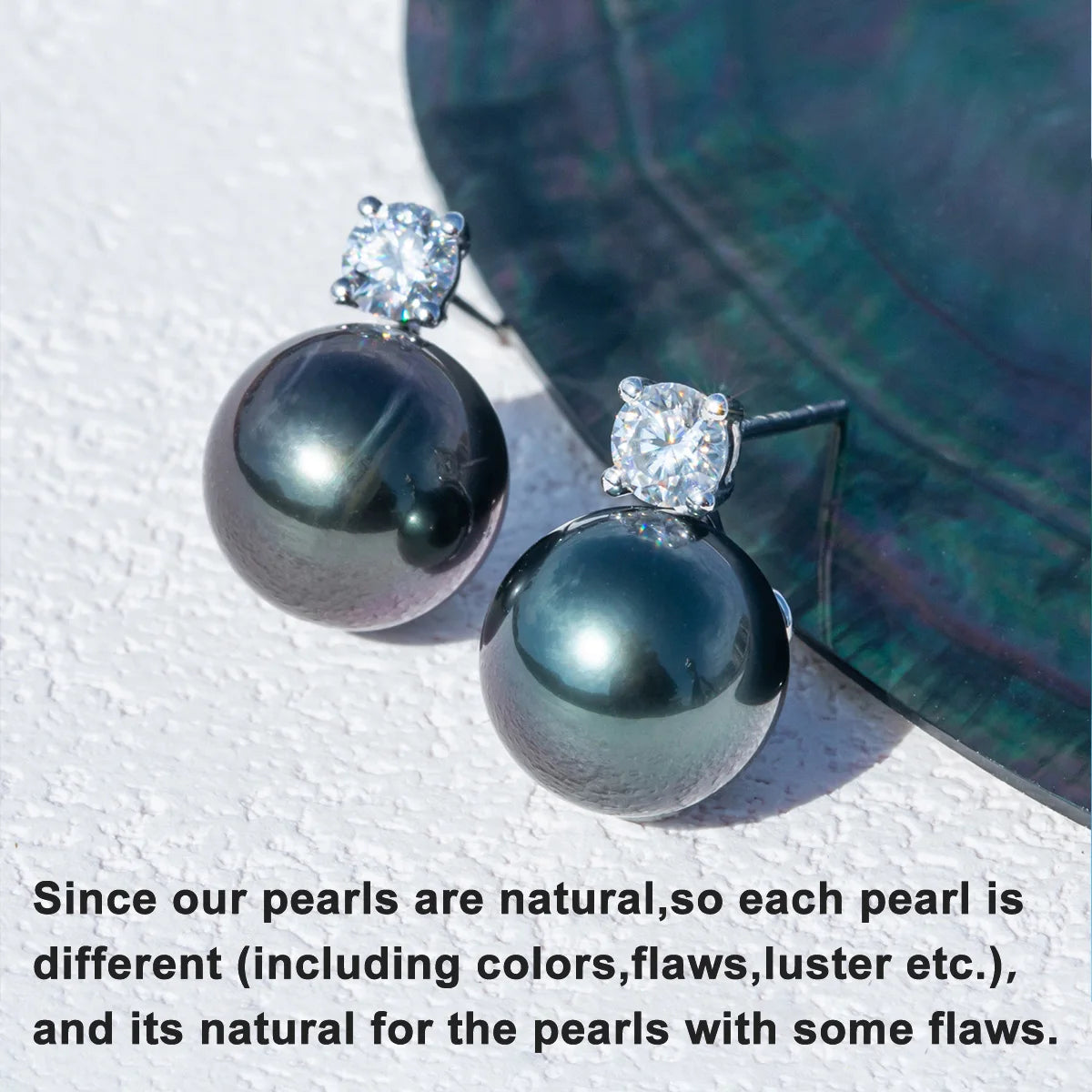 10K White Gold 10-11mm High Luster Natural Tahitian Black Pearl Moissanite Diamond Earrings