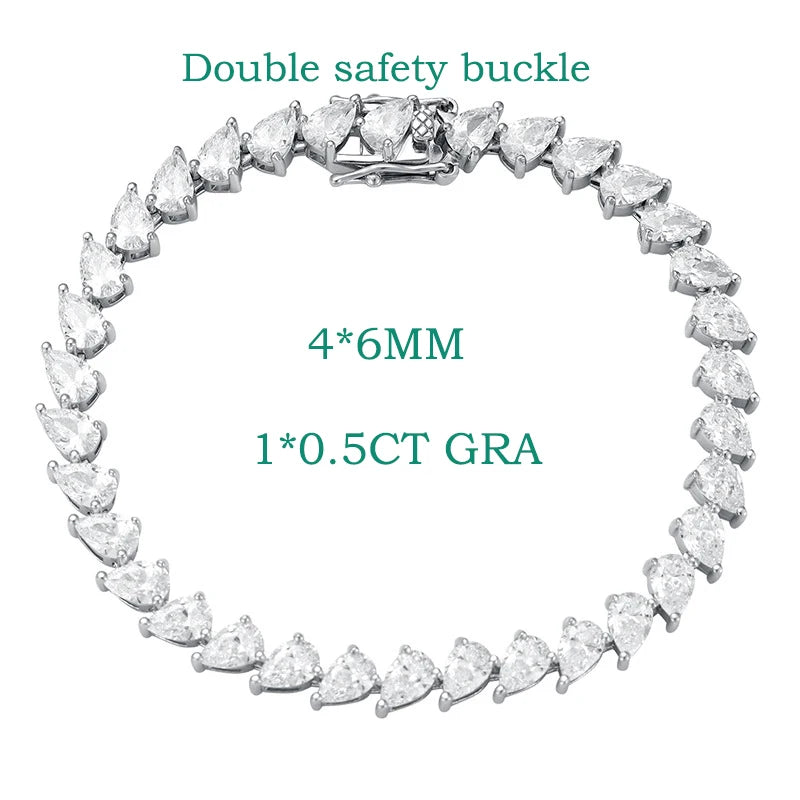 Pear Cut Moissanite Tennis Bracelet 0.35/0.5CT GRA Certified for Women Luxury Quality Jewelry Sterling Silver 925 Chain