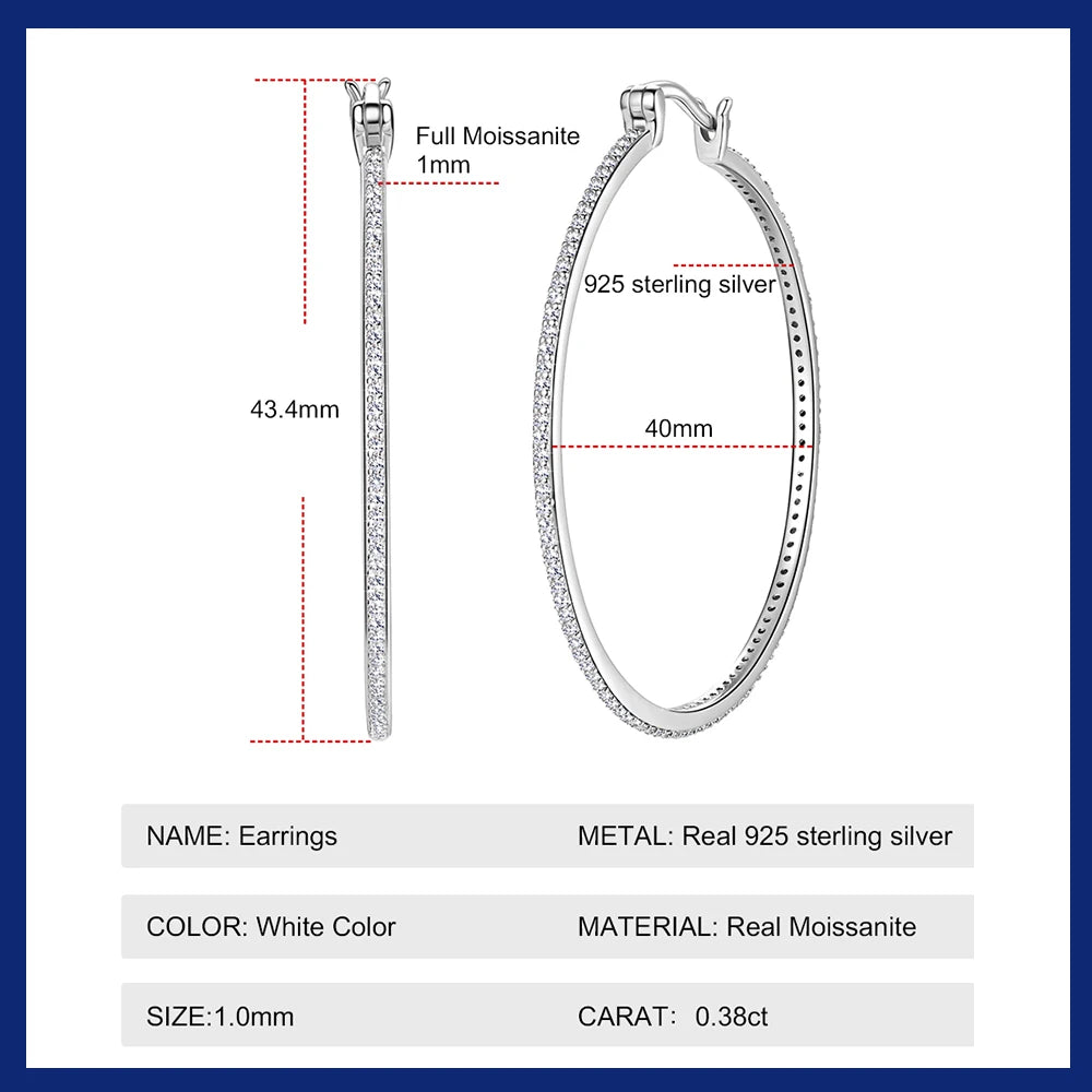 Moissanite Hoop Earrings 925 Sterling Silver 30/40MM Large Huggie Hoop Earring for Women Hypoallergenic Gold Plated Big Earrings