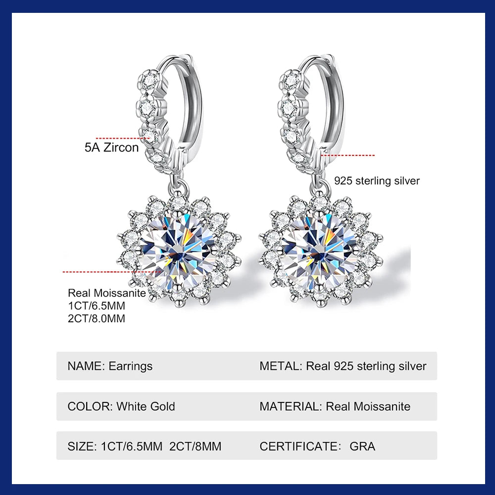 Drop Earrings for Women Original Certified 925 Silver 2 Carat Moissanite Sun Flower Diamond Hoop Earring Fine Jewelry