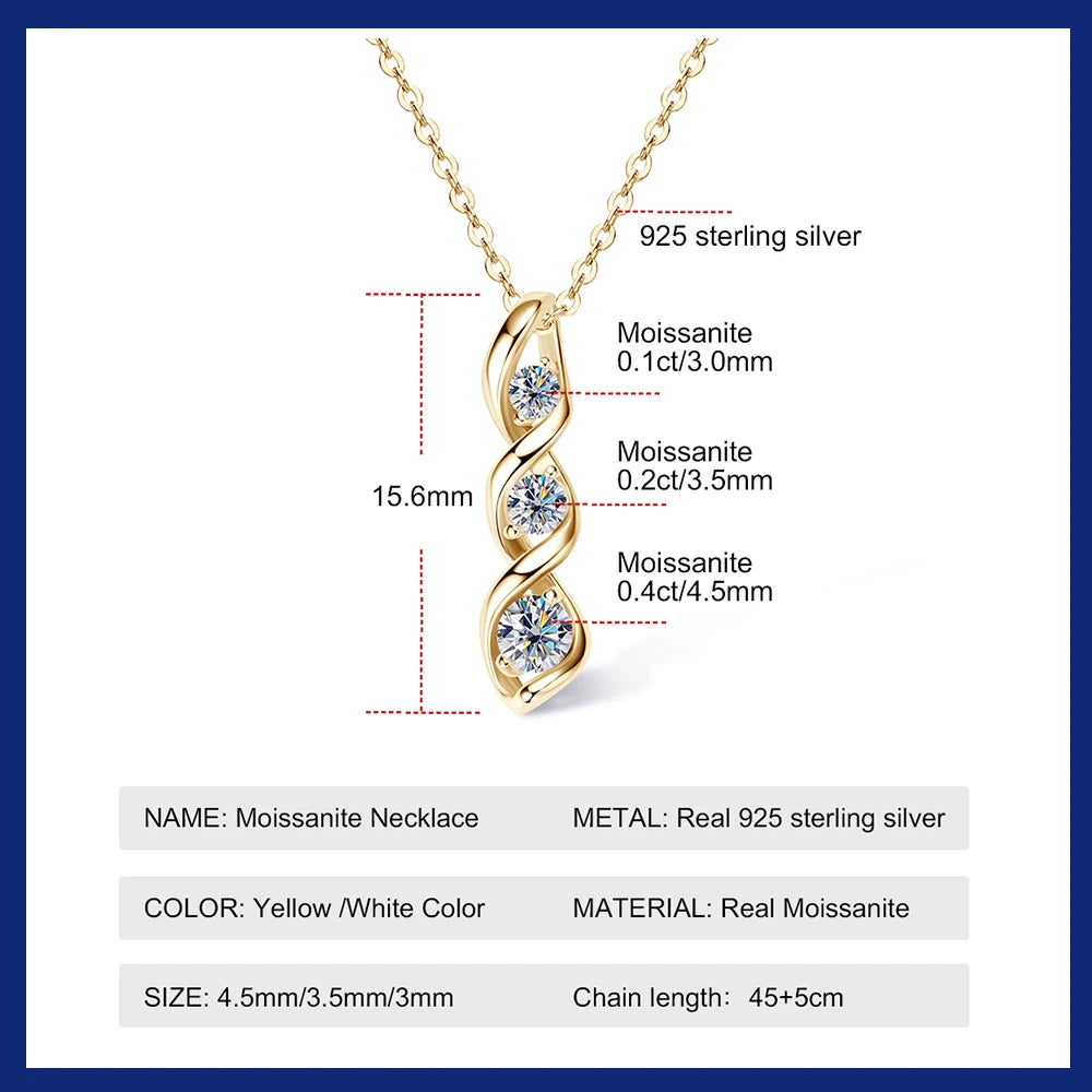 Moissanite Diamond Necklace Gift for Women 925 Sterling Silver 18K White/Yellow Gold Plated Twisted Pendant Chain