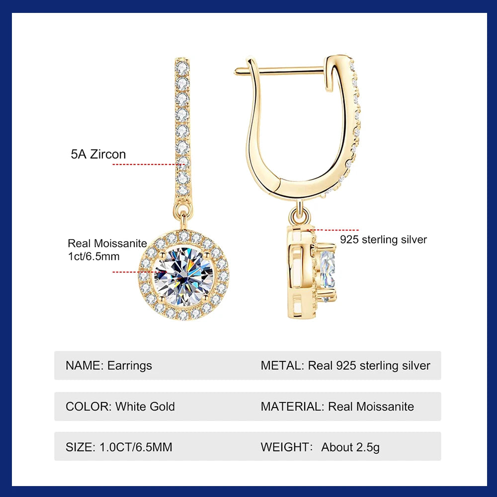 Drop Earrings for Women 925 Sterling Sliver Plated 1CT D Color Moissanite White Gold Rose Gold Earring Bride Wedding Jewelry