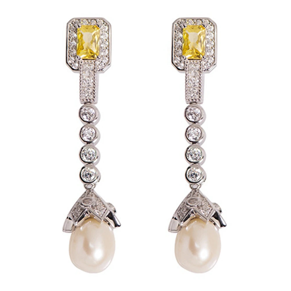 Natural Pearl High Carbon Diamond Citrine Gemstone Drop Earrings Vintage Elegant 925 Sterling Silver