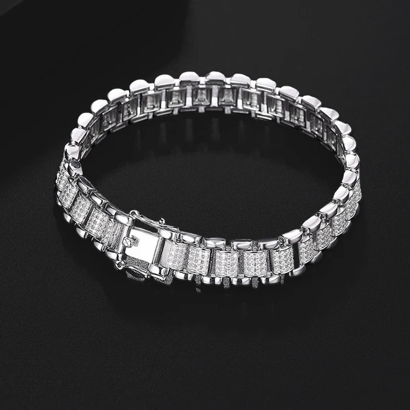 Moissanite Cuban Watch Bracelet Lab Diamond 925 Silver with White Gold Plated Tennis Bracelets for Women Man