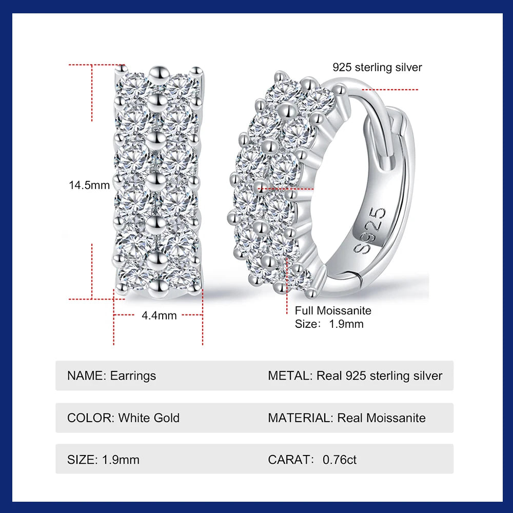 Full Moissanite Earring For Women 925 Silver Luxury Sparkling Hoop Earrings 18K Gold Plated 1.9mm Christmas Gift Wedding Jewelry