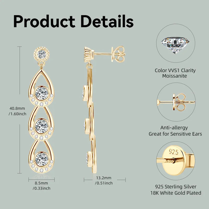 925 Sterling Silver 4mm&3mm Moissanite Drop Earrings