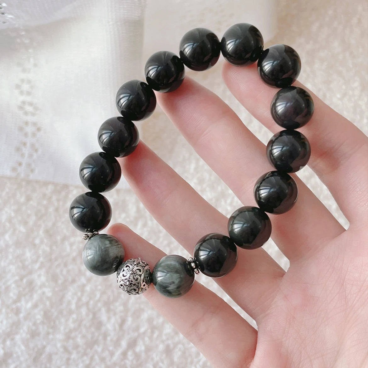 Handmade Gift 925 Silver Obsidian Bracelets