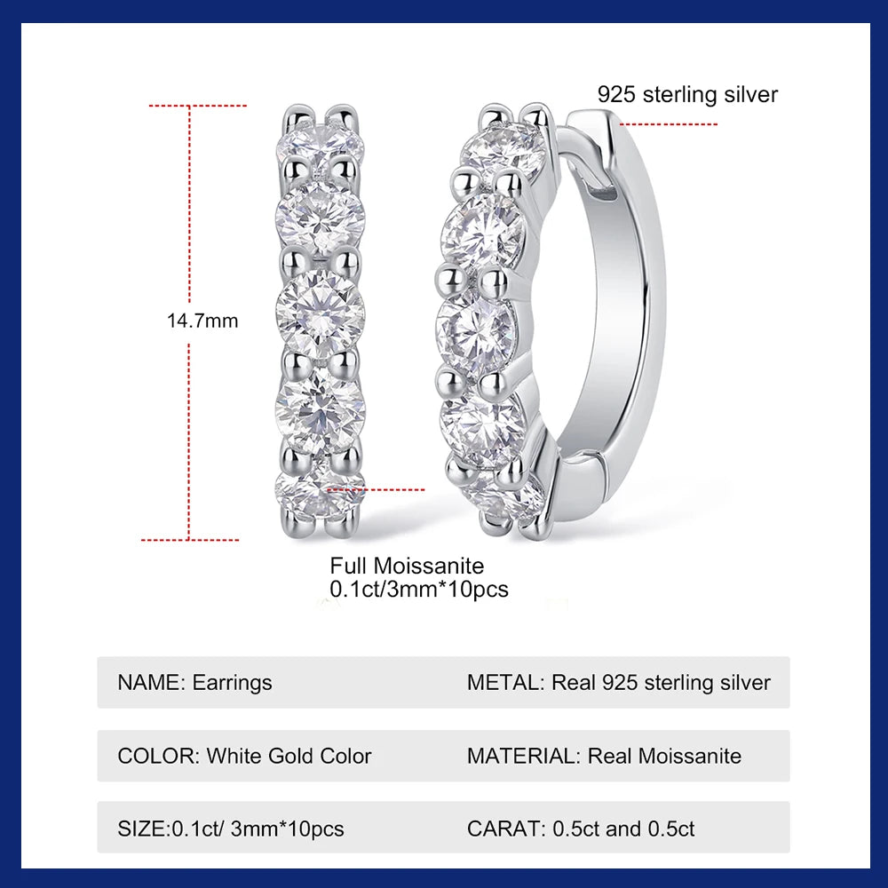 D Color Moissanite Earrings 925 Sterling Sliver Plated White Gold Hoop Earring For Women Classic Wedding Party Jewelry