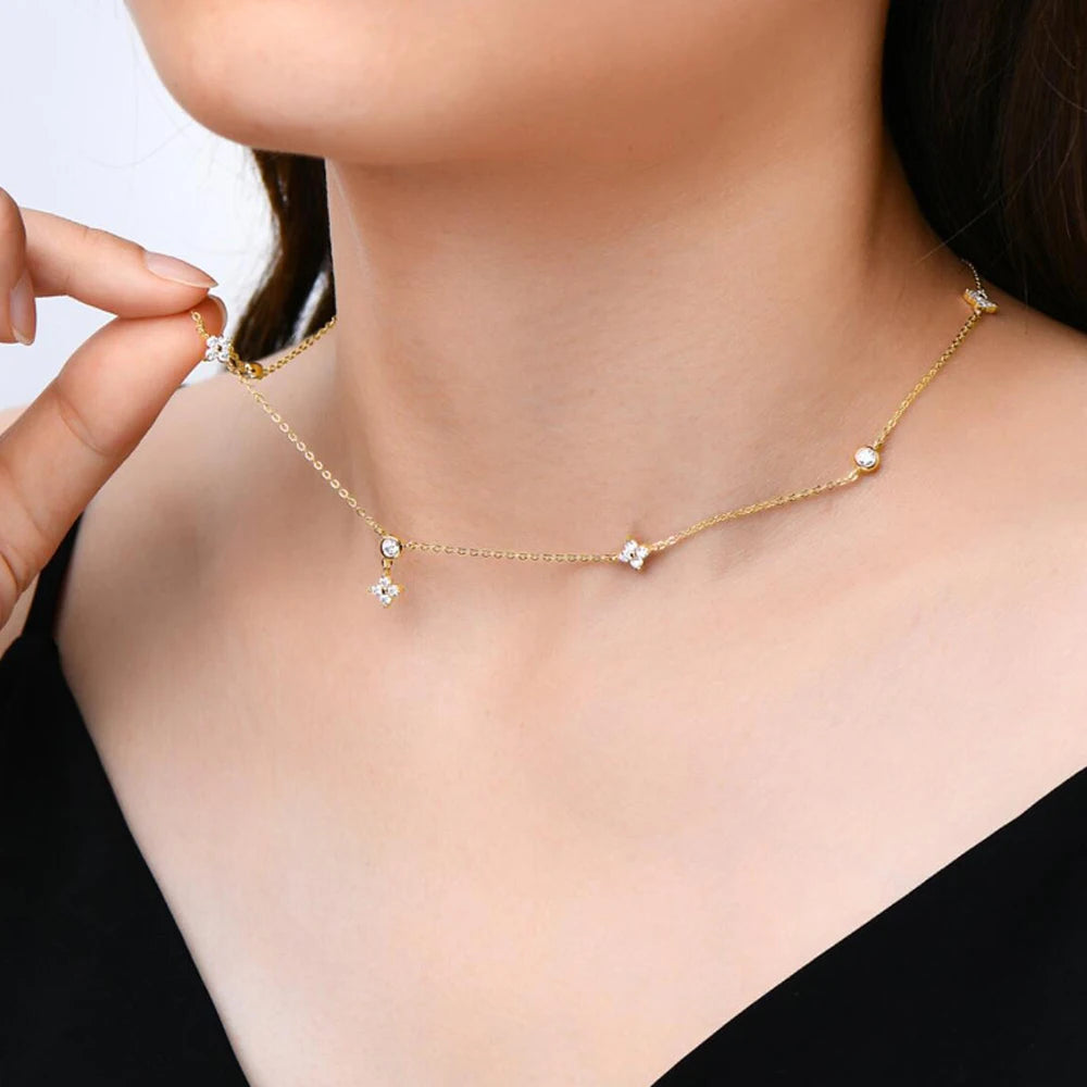 Rose Gold Four Leaf Clover Moissanite Necklace 925 Silver Plated 18k Yellow/White Gold Diamond Choker Chain for Women Jewelry