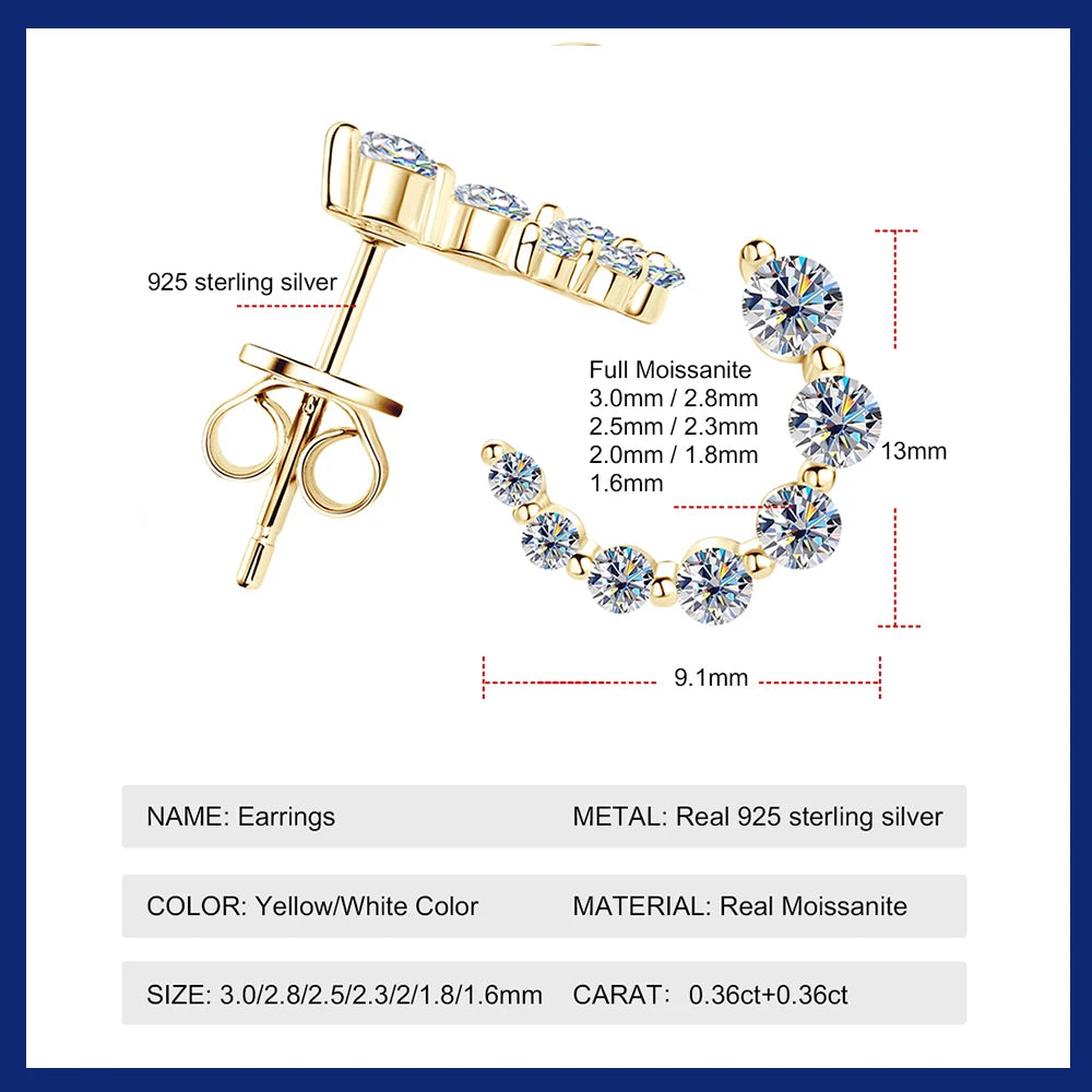 925 Sterling Silver Moissanite Earrings C-Shaped Semicircular Earrings for Women New Fashion Jewelry Luxury Accessories
