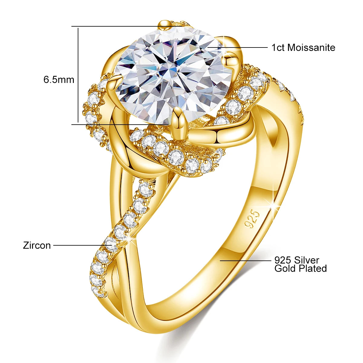 Moissanite Ring Yellow Gold 3ct With Certificate High Quality Wedding Party Jewelry