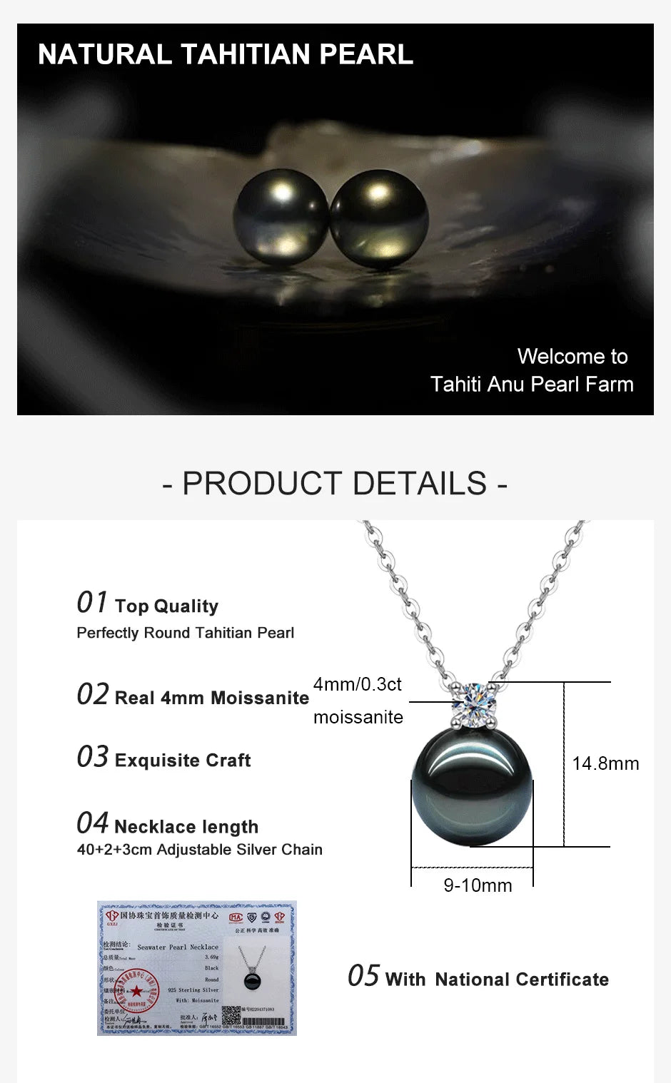 9-10mm Natural Tahitian Black Pearl Moissanite Diamond Necklace
