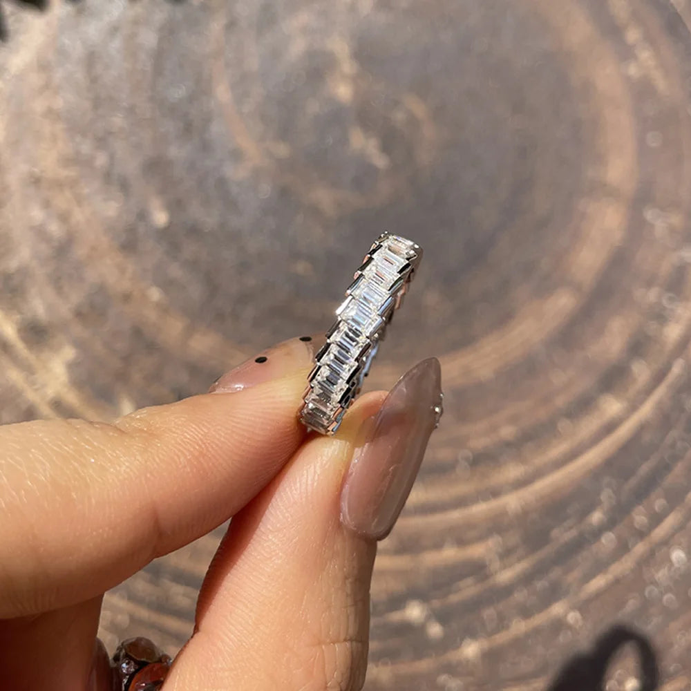 Moissanite Row Rings for Women Gift 100% S925 Sterling Silver 4.3ct tw Emerald Cut D Color