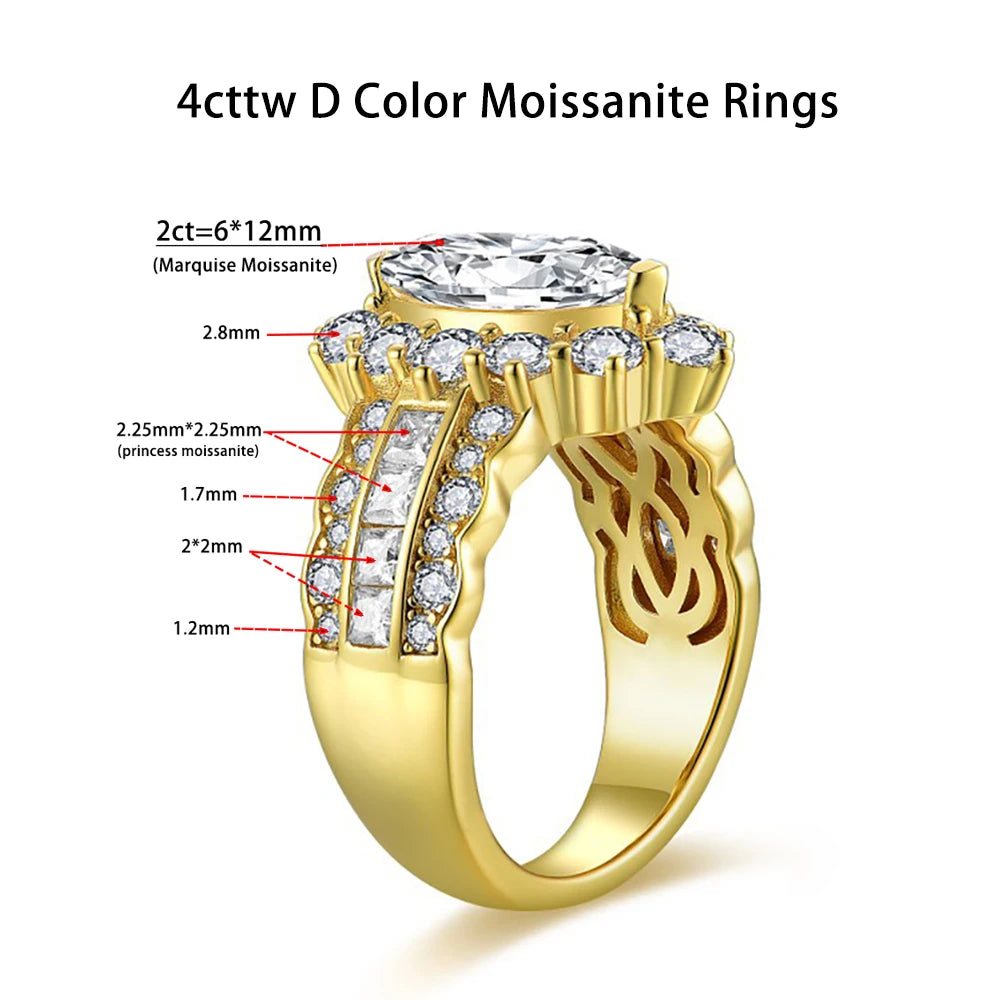4cttw Marquise Cut D Color Moissanite Rings For Women Wedding Bridal S925 Sterling Silver