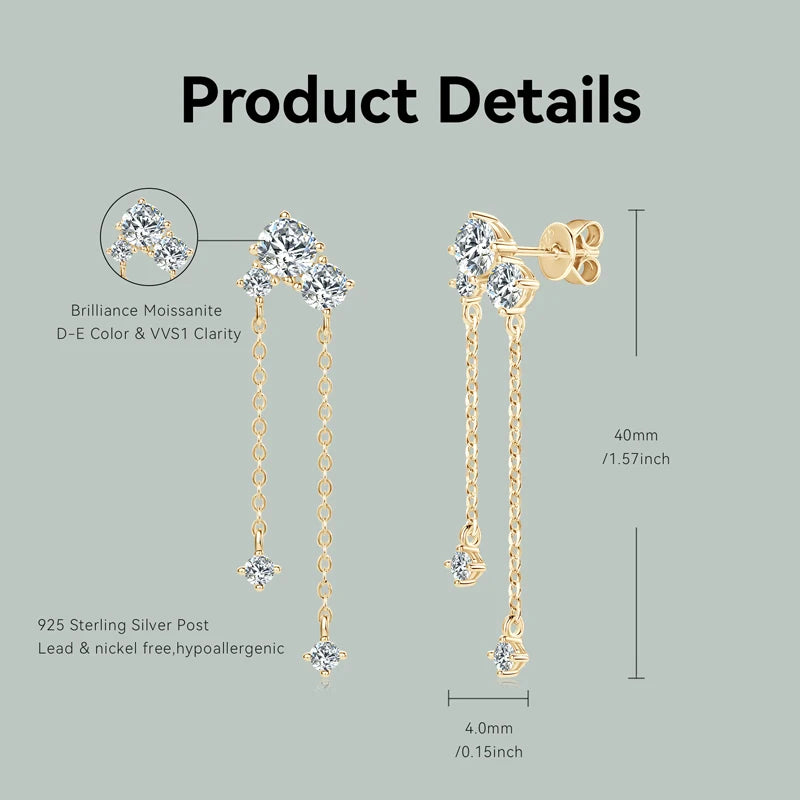 Moissanite Earrings 925 Certified Silver Tassel Chain Earring