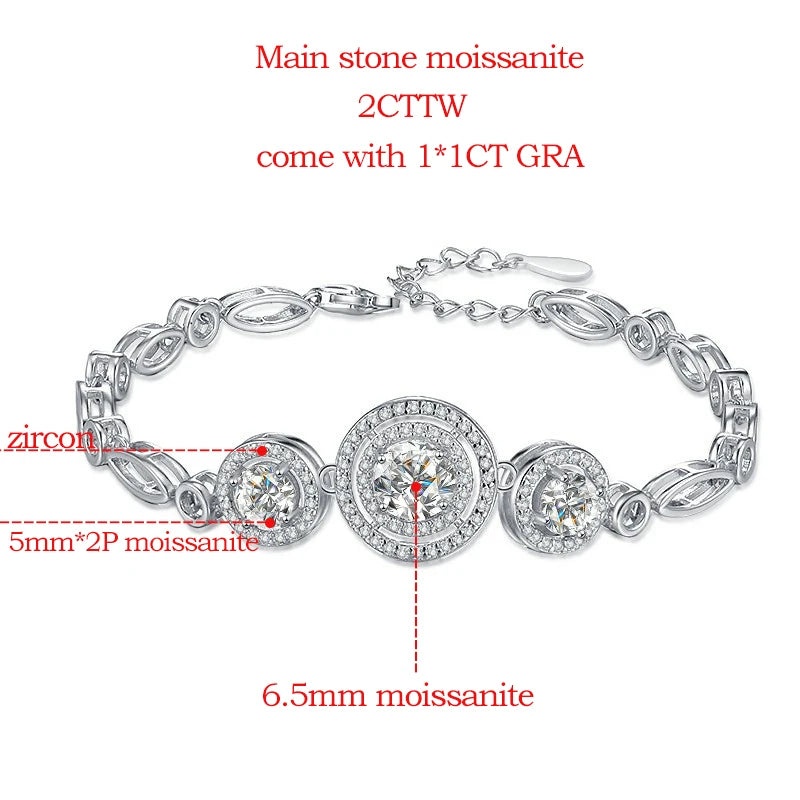 Moissanite Bracelets for Women 2cttw 100% D Color Three Halos Adjustable Round Bangles Sterling Silver 925 Jewelry GRA