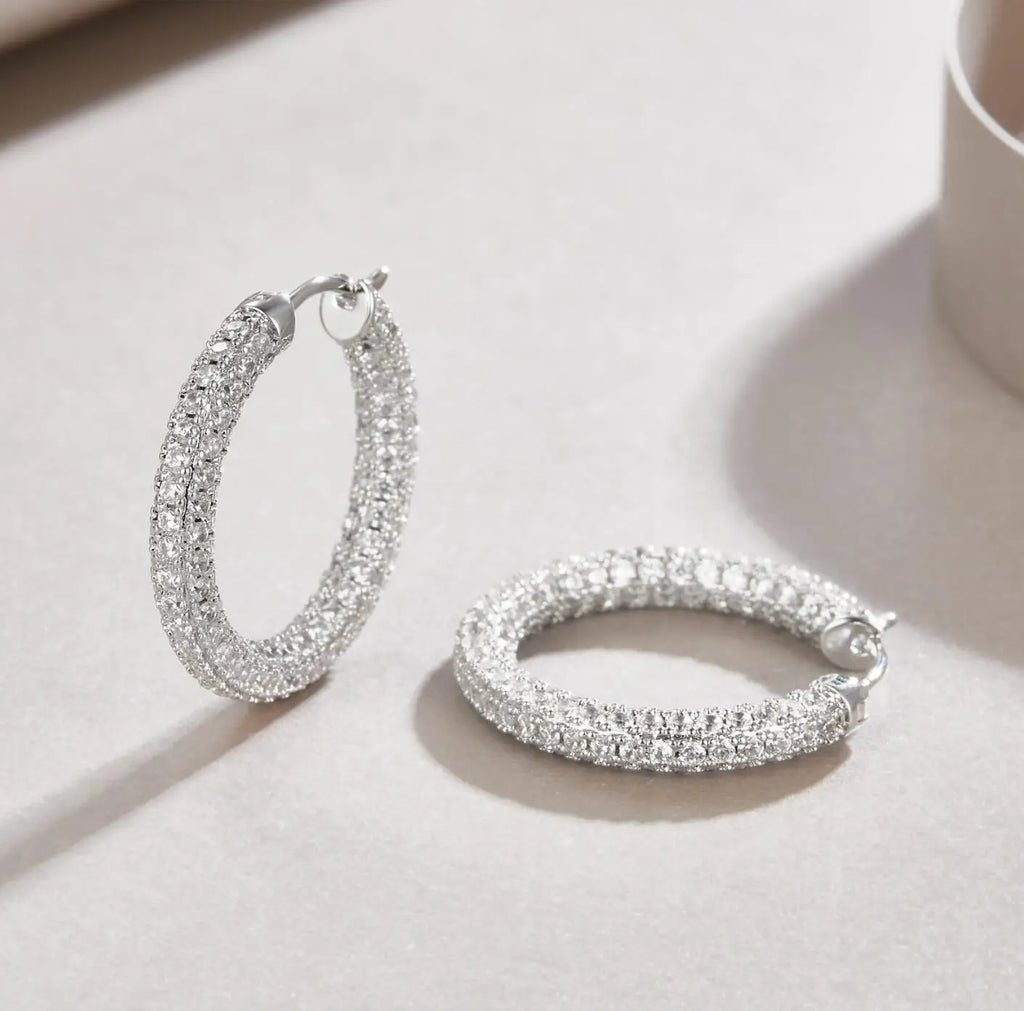 Moissanite Sparkle Hoop Earrings for Women Solid 925 Sterling Silver 1.5mm Hypoallergenic Earrings with 18K White Gold Plated