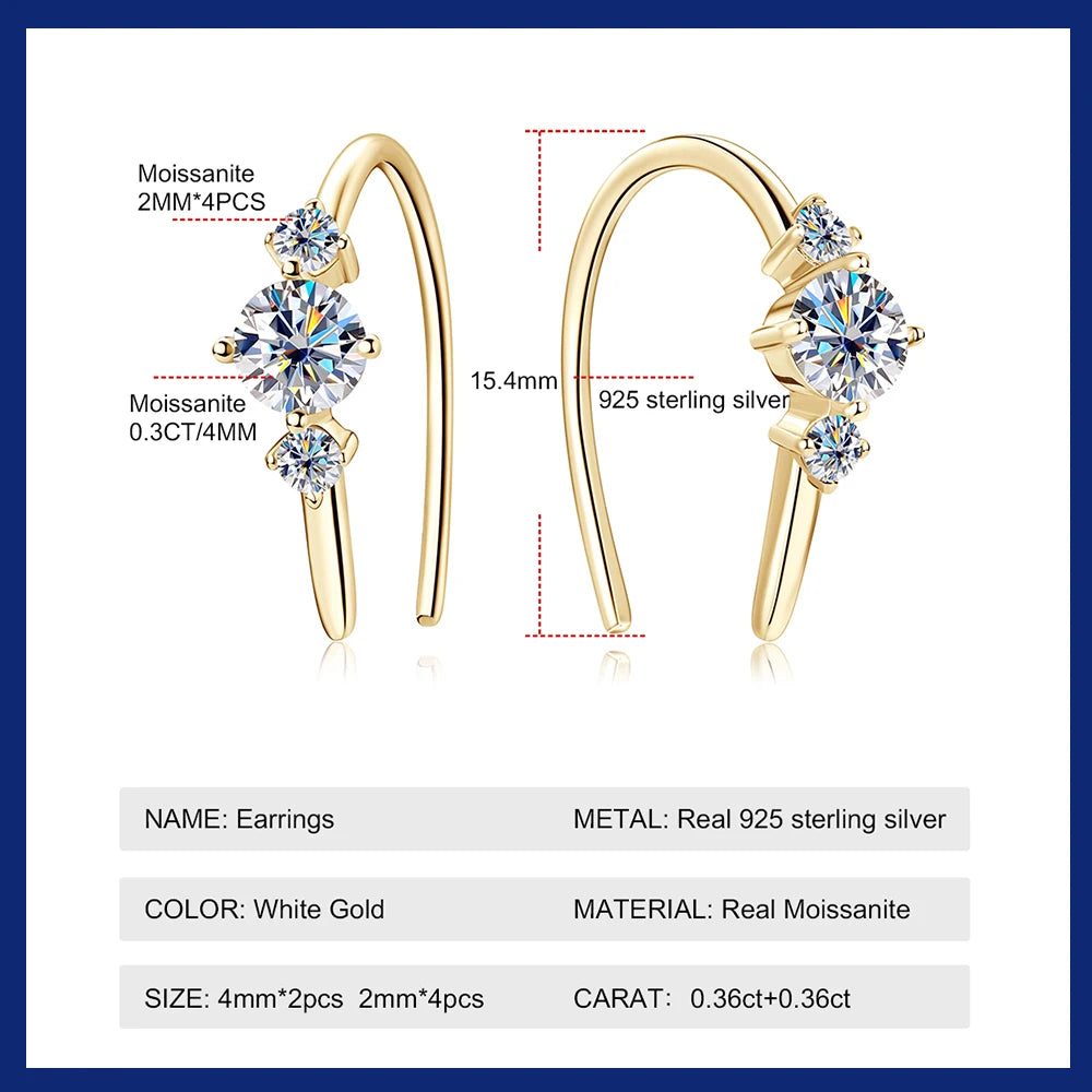 4mm Moissanite Piercing Hoops Earrings Original 925 Sterling Silver U Type Korean Earring for Women Trend Jewelry