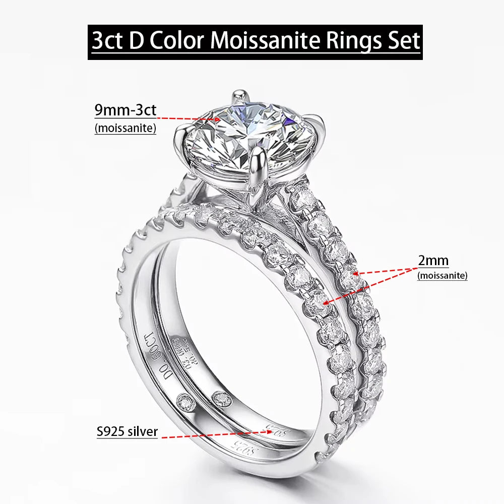 Big Moissanite Diamond Rings Set 925 Sterling Silver 5ct D Color