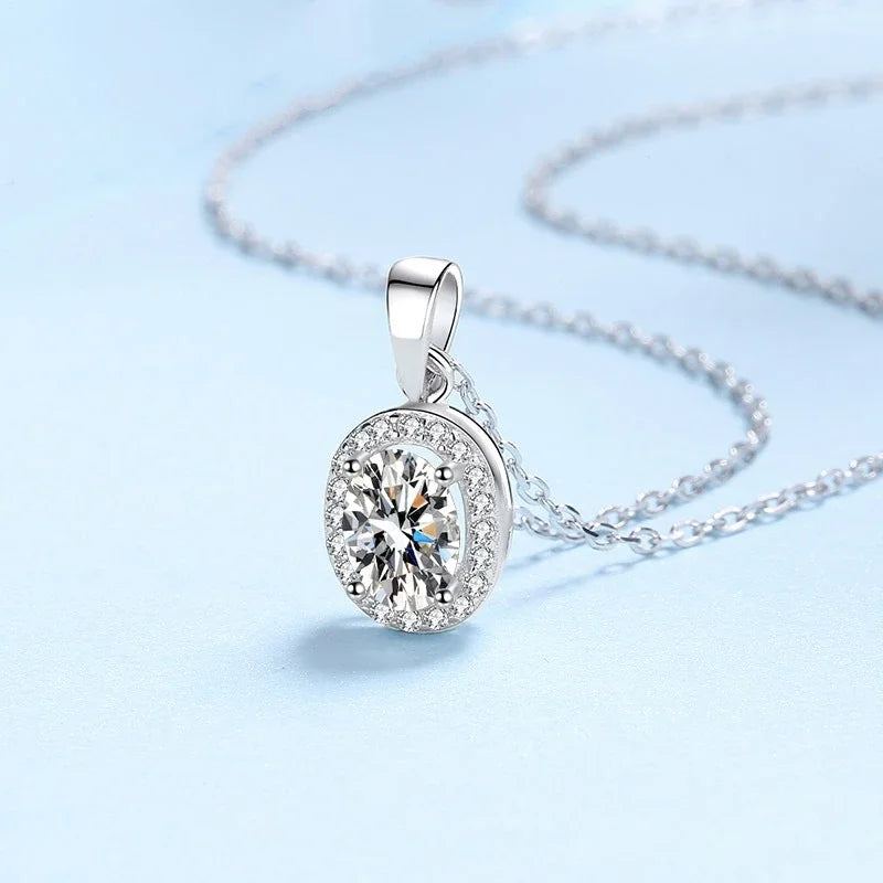 Fine Jewelry 18K White Gold Necklaces Women Wedding 1CT Moissanite Diamond Oval Pendant Birthday Gift Girlfriend Valentine's Day