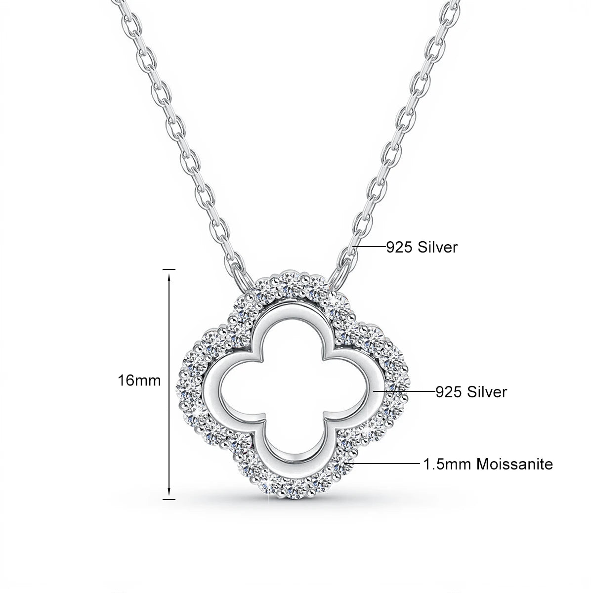 1.5mm D Color Moissanite Four Leaf Clover Pendant 925 Sterling Silver Necklace