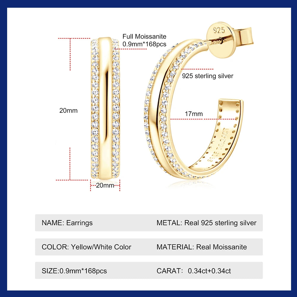 Luxury Moissanite Earrings Open C Shape Diamond Huggie Earrings 18K Gold Plated 925 Sterling Silver Hoop Earring for Women Gifts