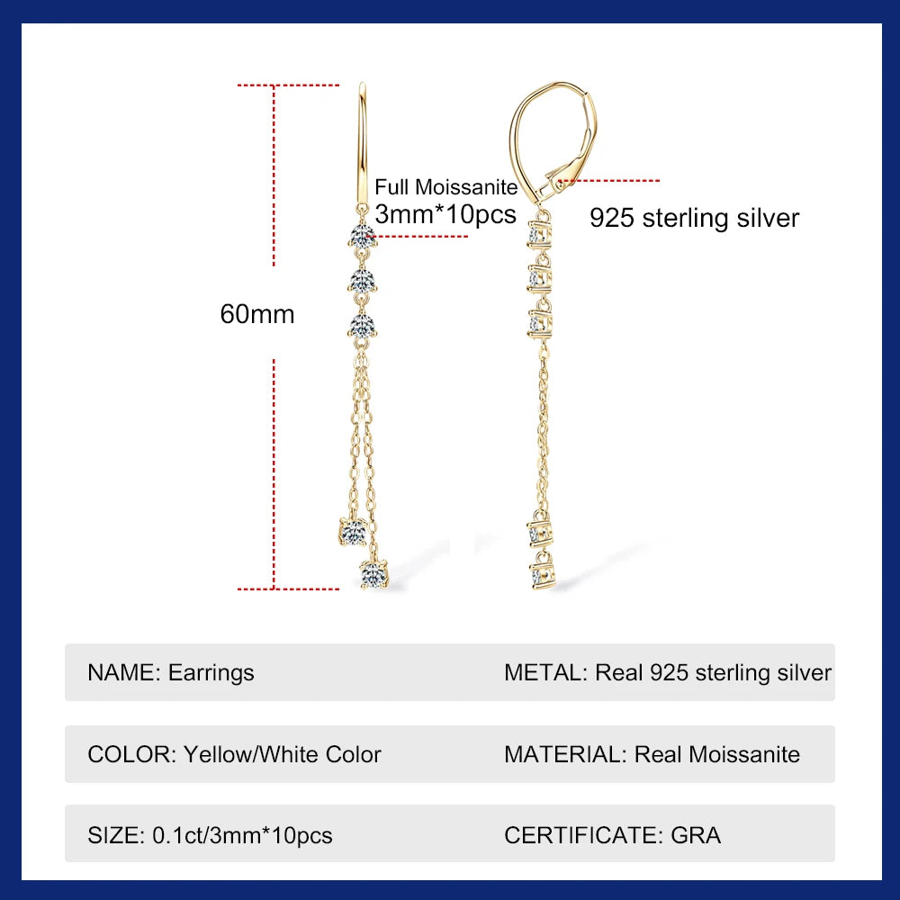 Full Moissanite Drop Earrings for Women Long Tassel Sterling Silver 925 Plated 18k Jewelry 3mm Lab Diamond GRA