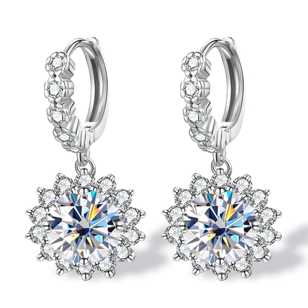 Drop Earrings for Women Original Certified 925 Silver 2 Carat Moissanite Sun Flower Diamond Hoop Earring Fine Jewelry