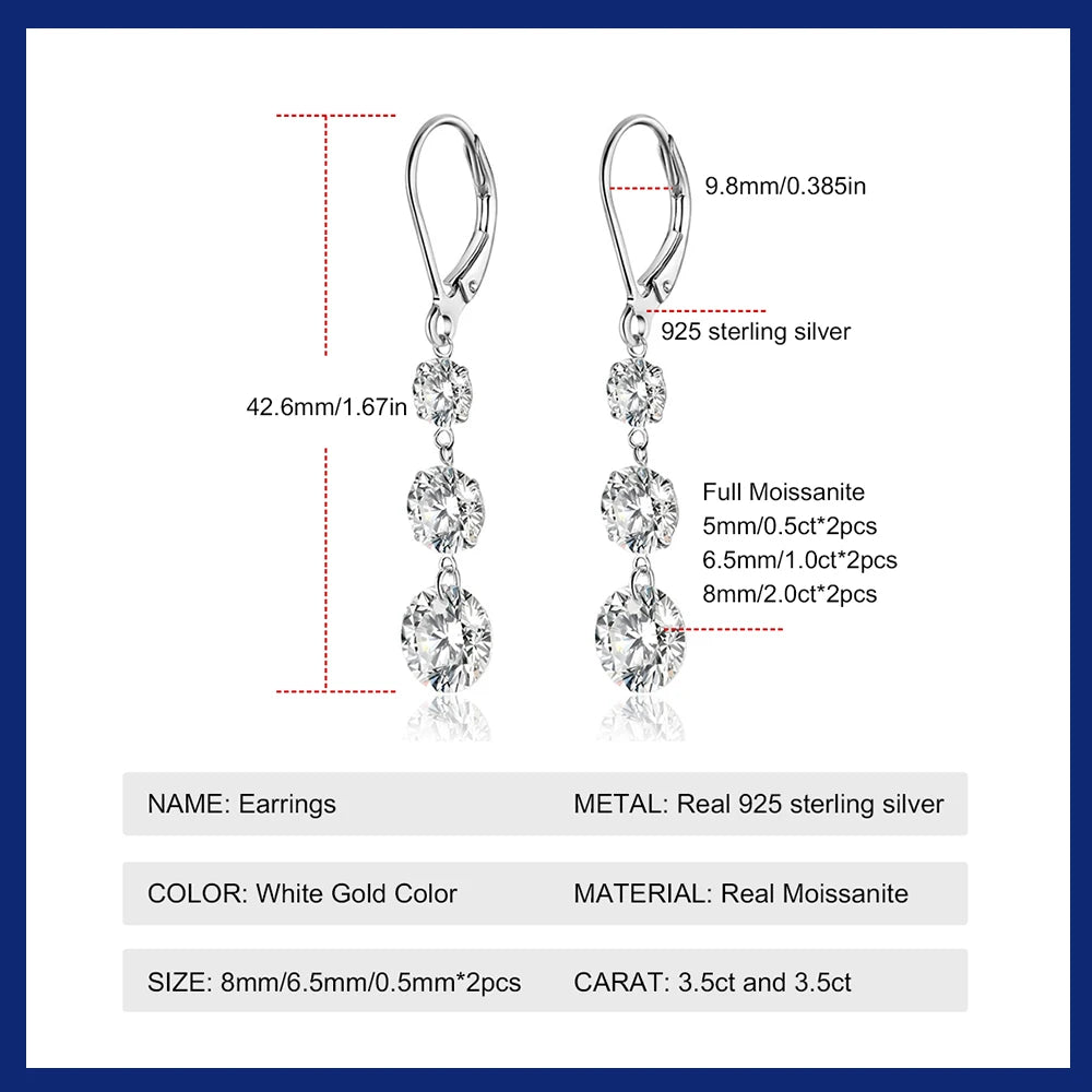 7 Carat Moissanite Dangle Earrings for Women D Color Lab Diamond Long Earring 925 Silver Hoops Wedding Engagement Fine Jewelry