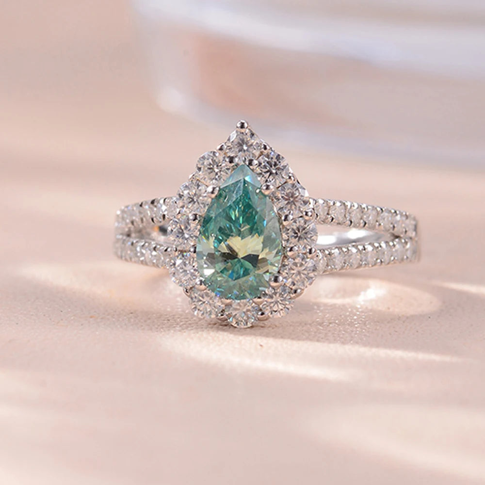 Moissanite Rings For Women Party Gift 100% S925 Sterling Silver Plated 18K 1ct Pear Cut Green