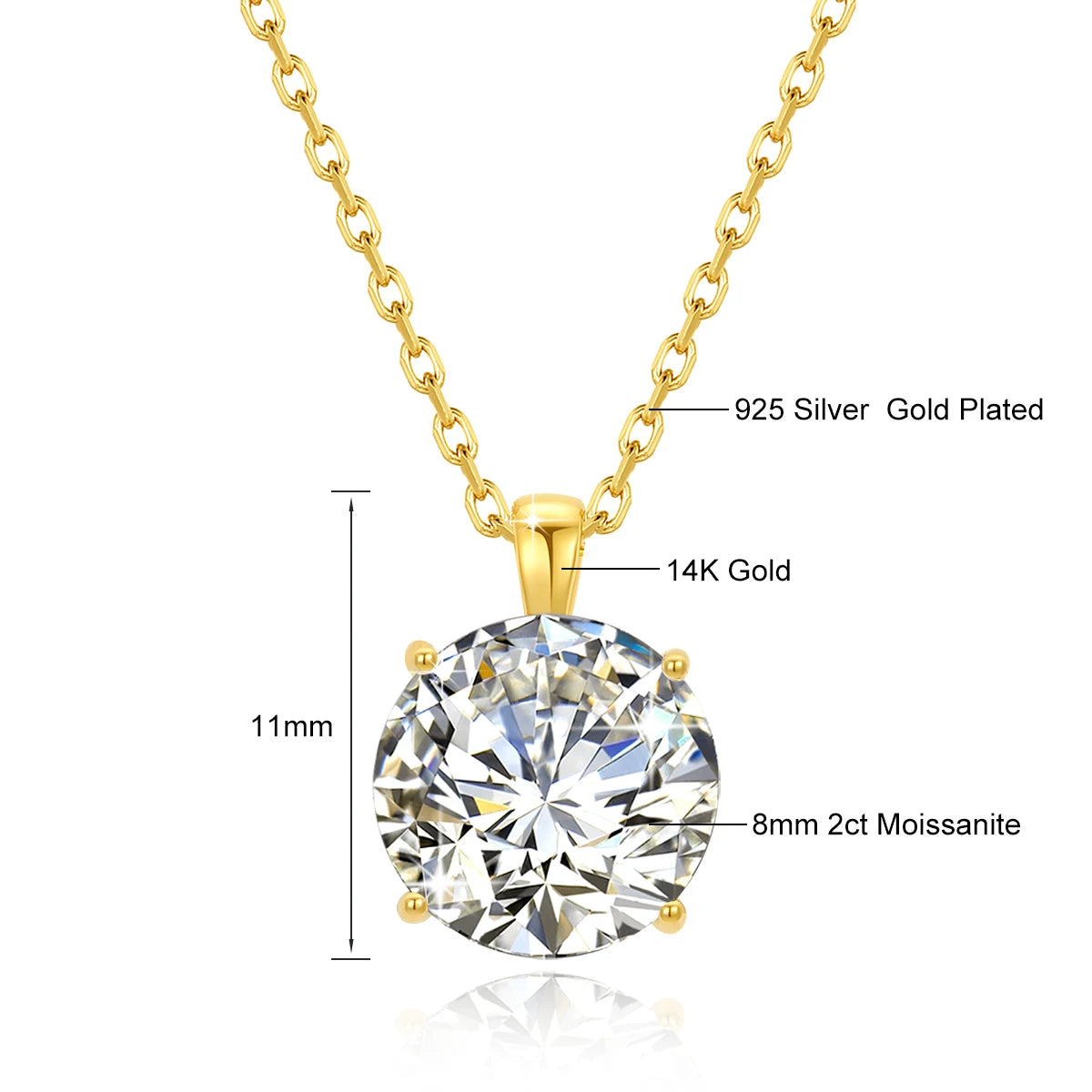 2ct Princess Cut Moissanite Necklace 14k Gold Wedding Jewelry