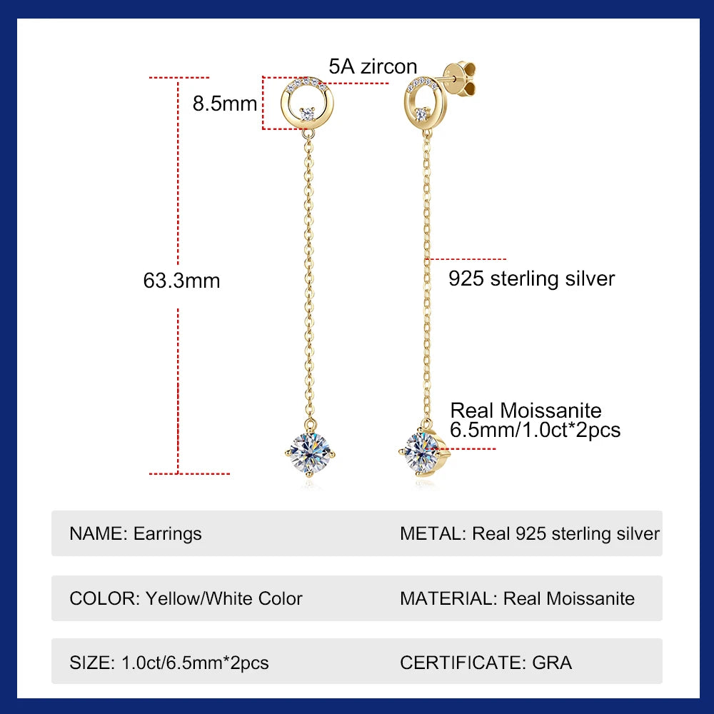1CT Moissanite Dangle Earrings for Women S925 Sterling Silver Plated 18k Gold Long Tassel Drop Earring Wedding Jewelry