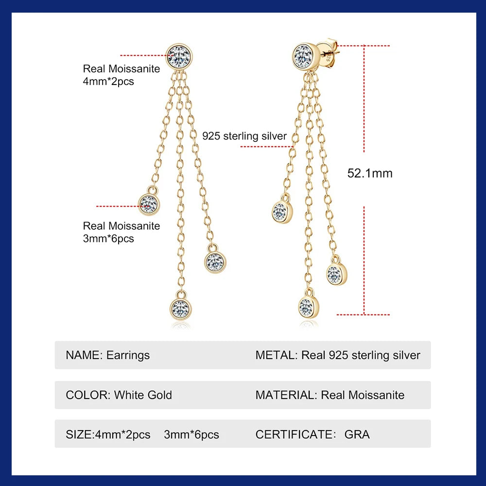 Moissanite Long Tassel Drop Earrings for Women 925 Sterling Silver Gold Filled 4mm Bezel Diamond Earring Fine Jewelry
