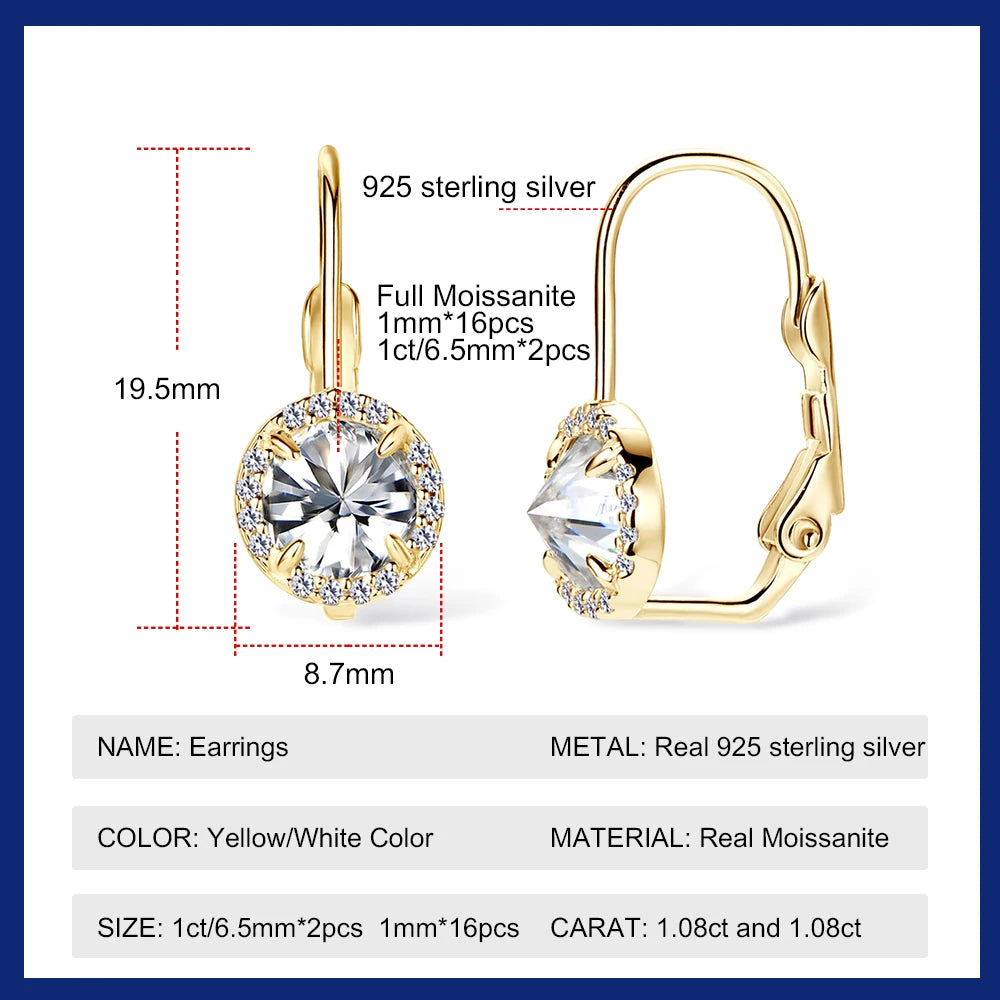 18K Gold Plated Full Moissanite Earrings for Women 6.5mm D Color Lab Diamond Hoop Earring Pure 925 Silver Jewelry