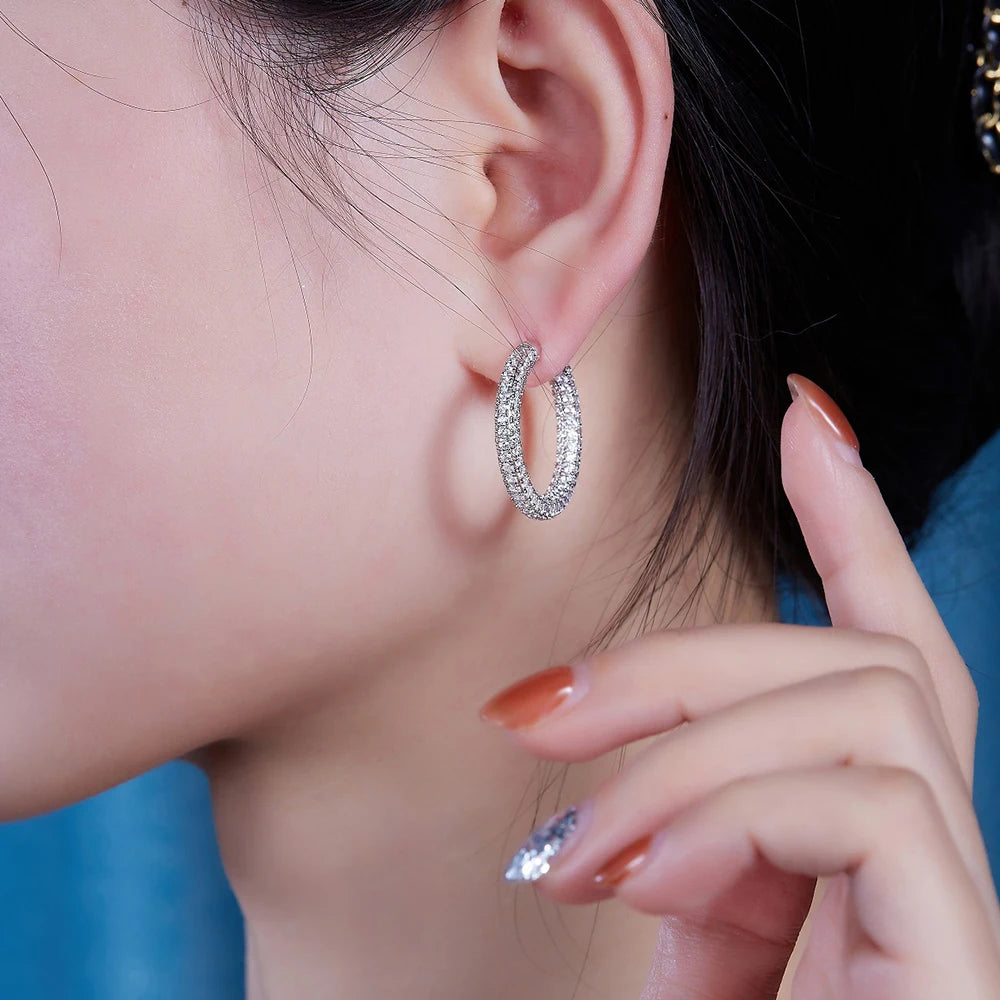 Moissanite Sparkle Hoop Earrings for Women Solid 925 Sterling Silver 1.5mm Hypoallergenic Earrings with 18K White Gold Plated