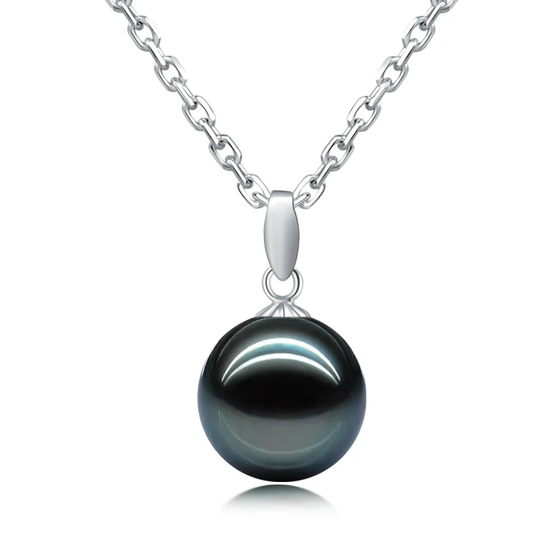 18K White Gold 9-13mm Natural Tahitian Black Pearl Moissanite Pendant Necklace
