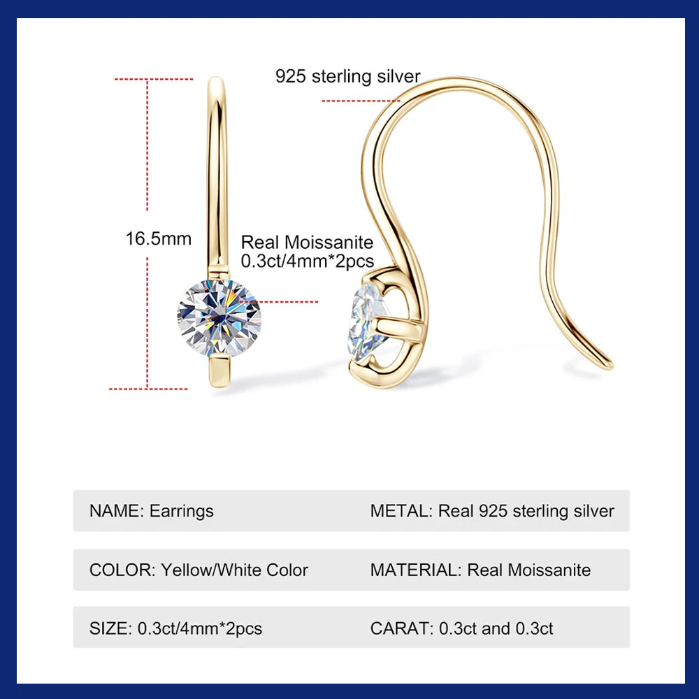 100% 925 Silver Piercing Drop Earrings For Women Plated 18K Gold Jewelry 0.3cttw Moissanite Earrings High Quality Gift