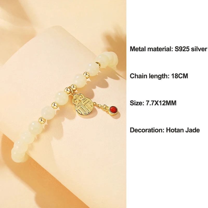 925 Sterling Silver Women's White Jade Crystal Beaded Hetian Jade