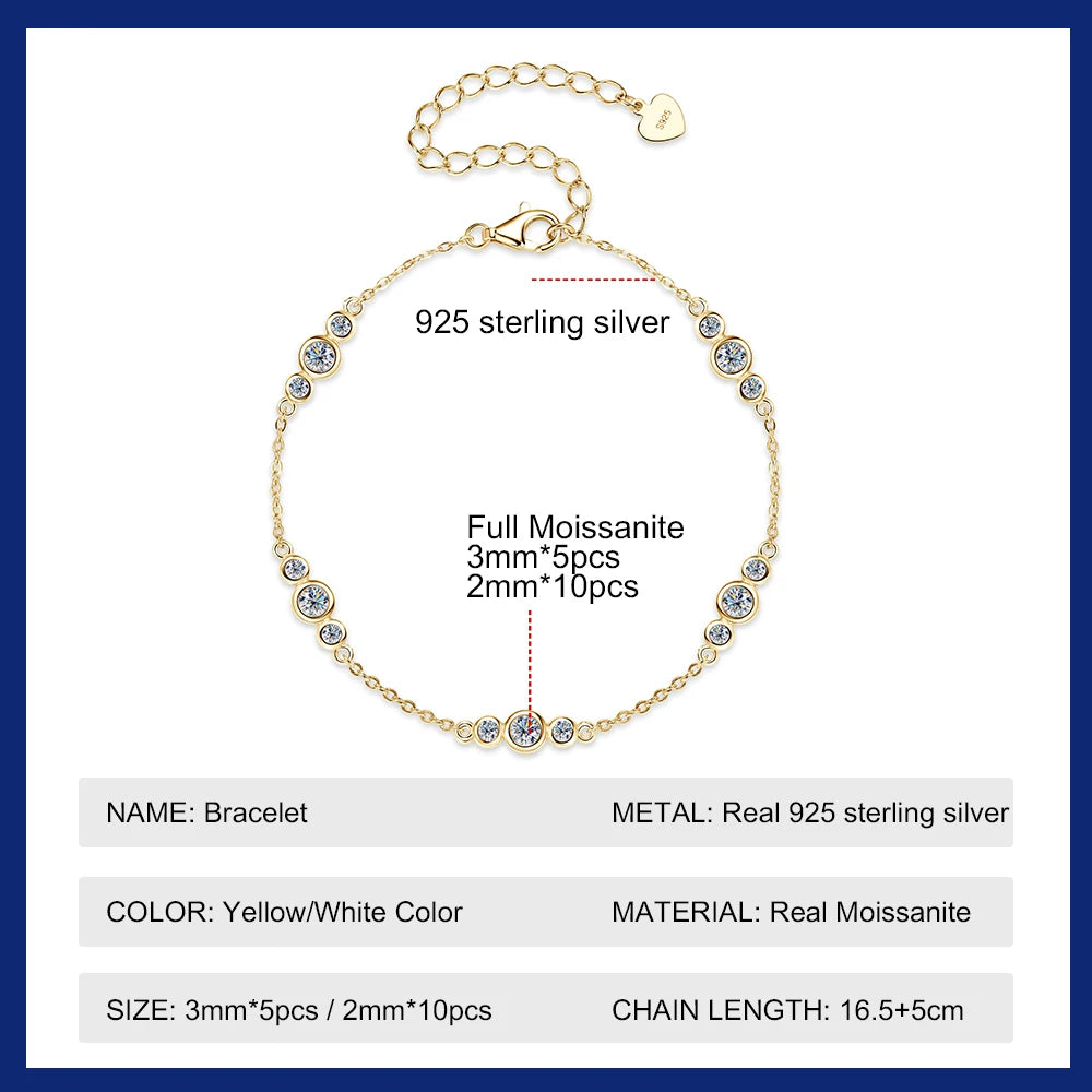 Moissanite Bracelets Real 925 Sterling Silver Adjustable Chain Bracelets for Women With GRA Certificate 3mm 2mm