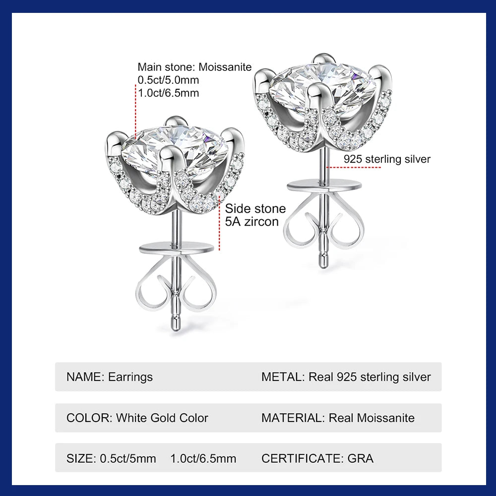 Moissanite Earrings 1ct Sparkly Lab Created Diamond Stud Earrings 18K Gold Plated 925 Sterling Silver Jewelry Gifts for Women