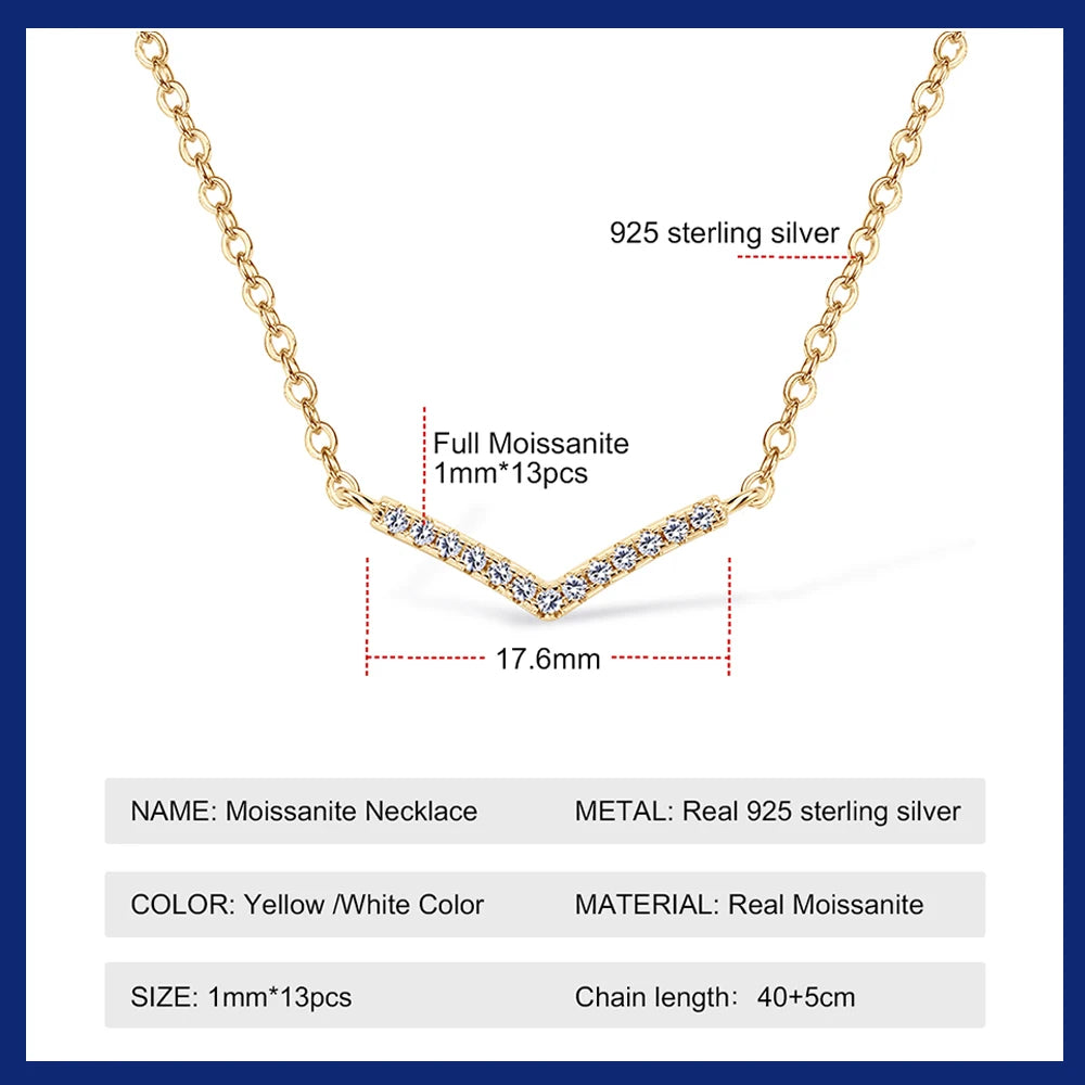 925 Sterling Silver Moissanite V-shaped Necklaces For Women 18K White/Yellow Gold Plated Choker Necklace Dainty Jewelry Gifts