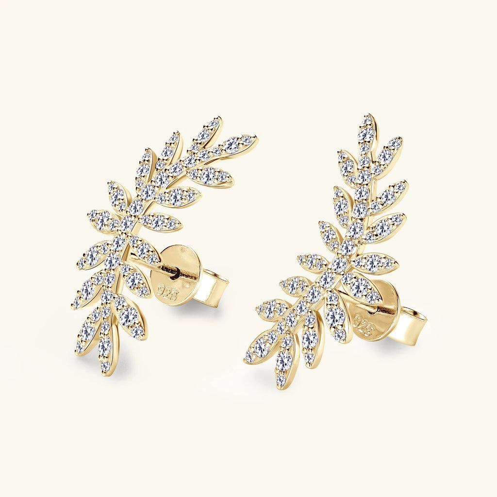 Leaf Moissanite Stud Earrings 14K Yellow Gold Plated S925 Sterling Silver Ear Climber Earrings Hypoallergenic Jewelry for Women