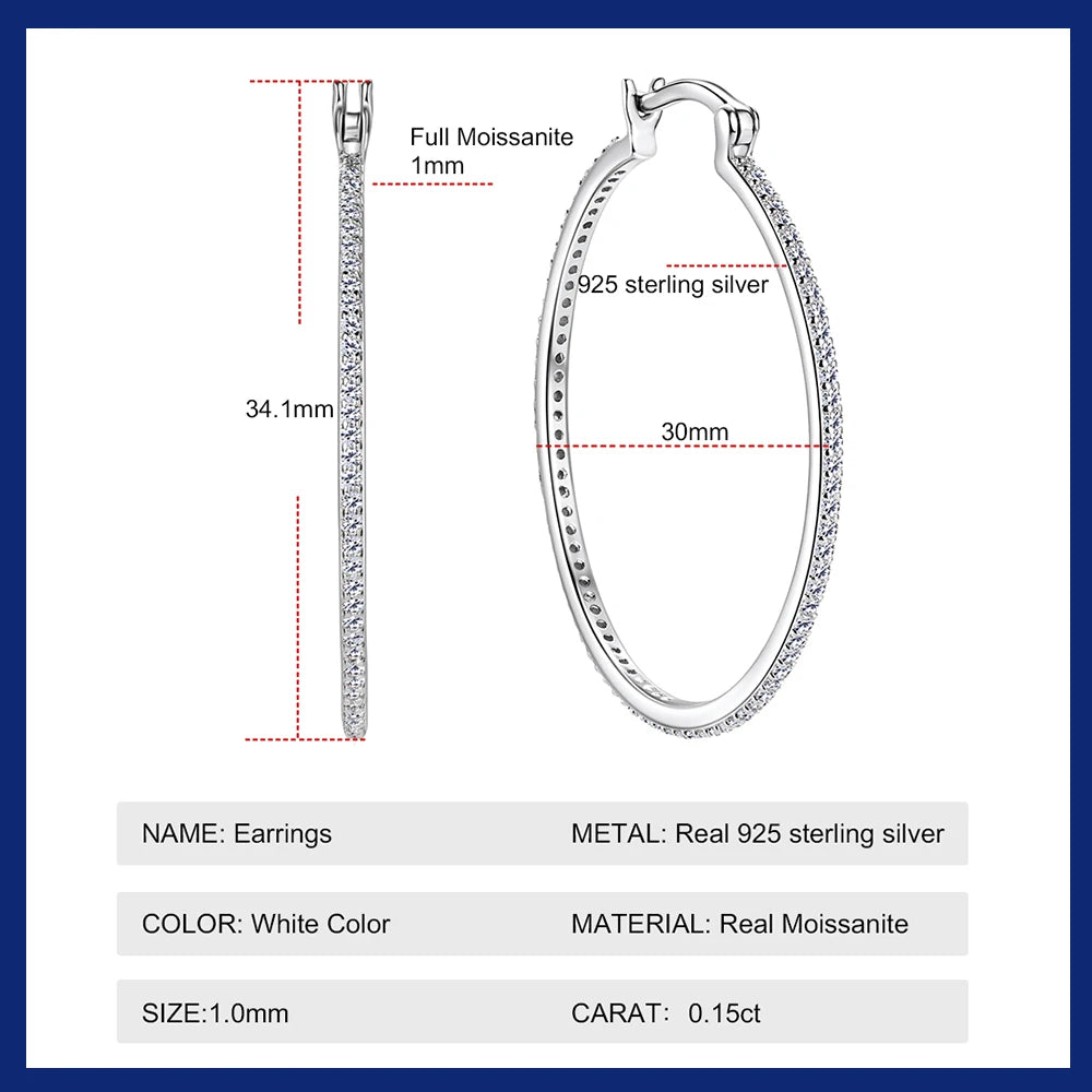 Moissanite Hoop Earrings 925 Sterling Silver 30/40MM Large Huggie Hoop Earring for Women Hypoallergenic Gold Plated Big Earrings