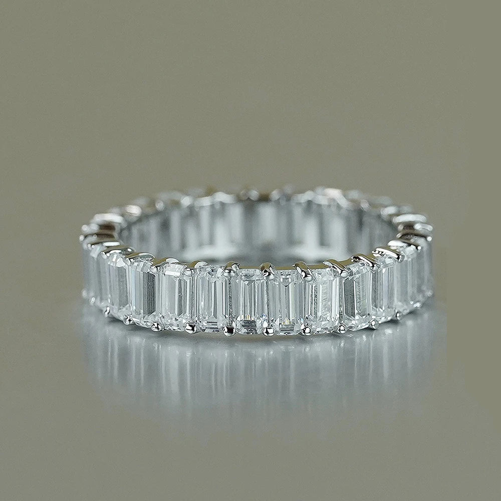 Moissanite Row Rings for Women Gift 100% S925 Sterling Silver 4.3ct tw Emerald Cut D Color