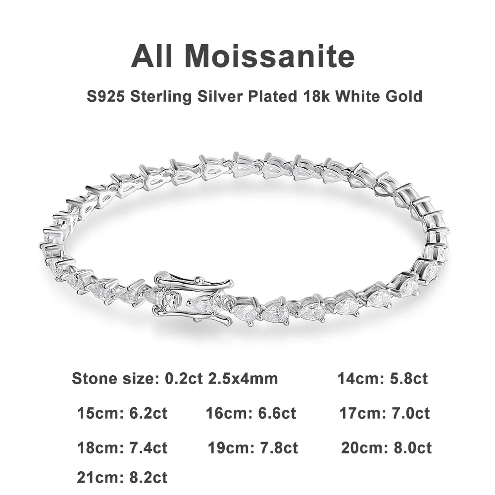 Moissanite Tennis Bracelet Diamond s925 Sterling Silver 18k D VVS1 Pear Cut